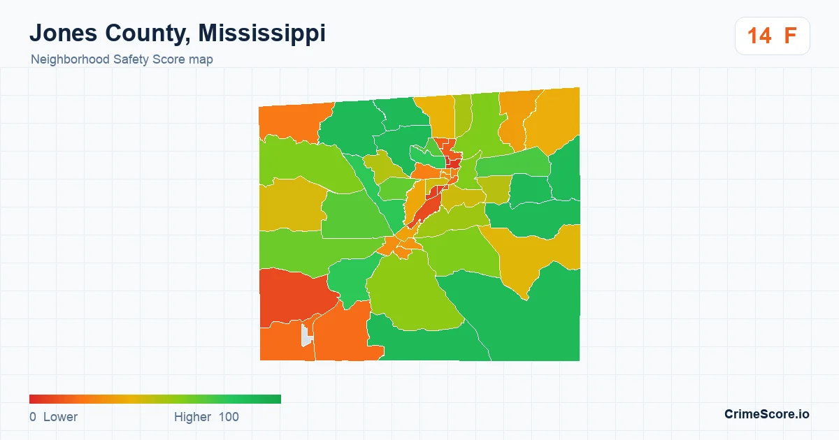 Jones County, Mississippi neighborhood Safety Score map by Census block group
