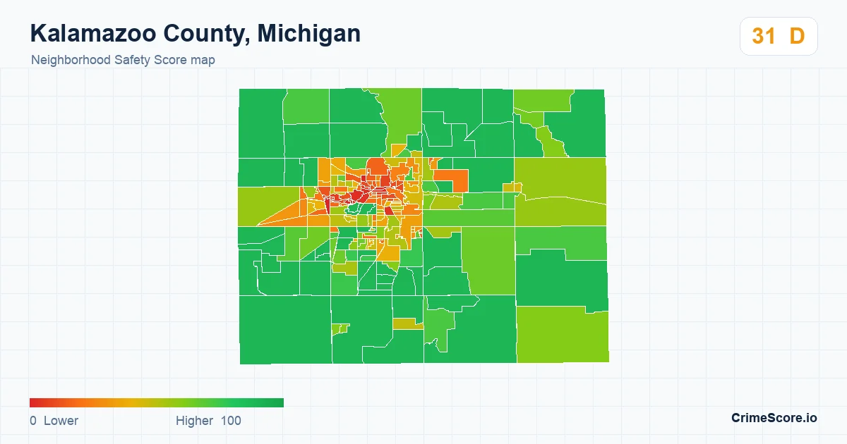 Kalamazoo County, Michigan neighborhood Safety Score map by Census block group
