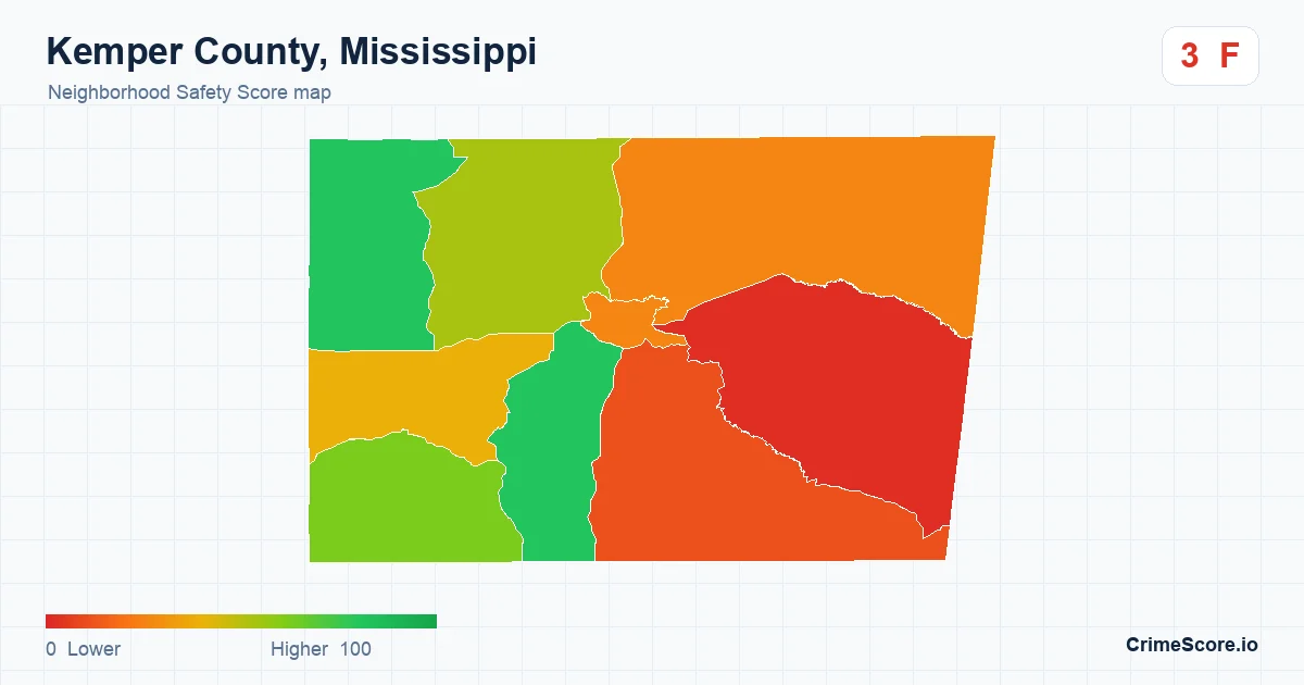 Kemper County, Mississippi neighborhood Safety Score map by Census block group