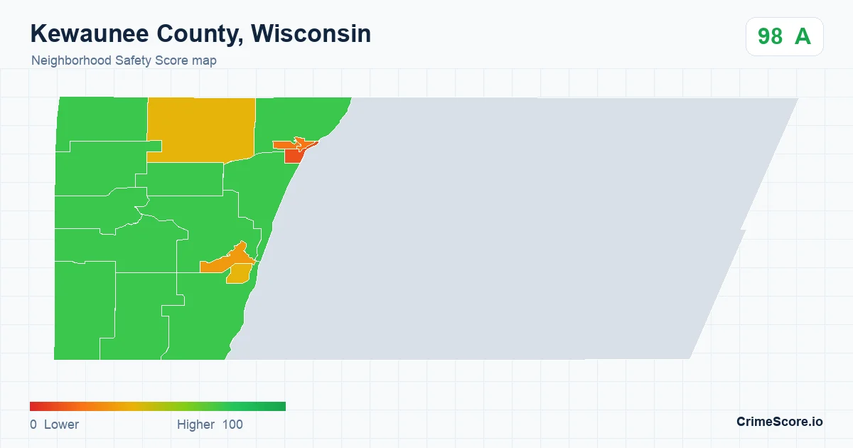 Kewaunee County, Wisconsin neighborhood Safety Score map by Census block group