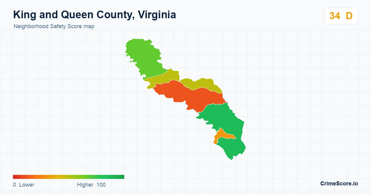 King and Queen County, Virginia neighborhood Safety Score map by Census block group