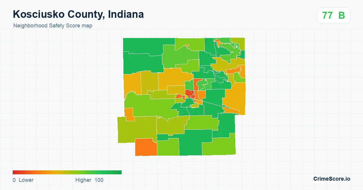 Kosciusko County, Indiana neighborhood Safety Score map by Census block group