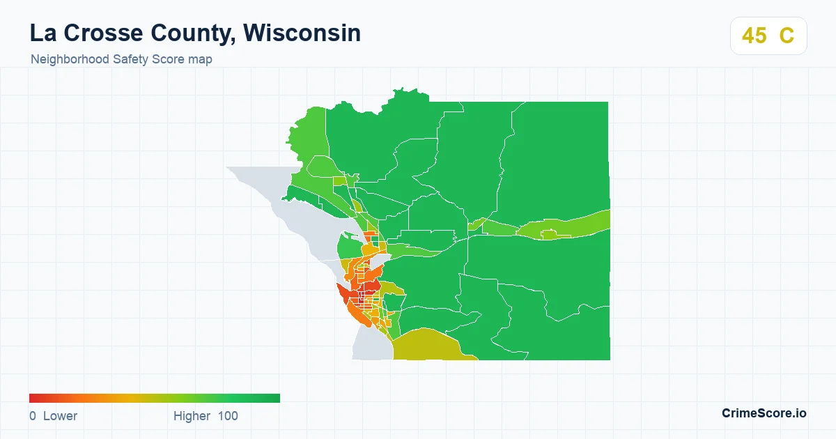 La Crosse County, Wisconsin neighborhood Safety Score map by Census block group