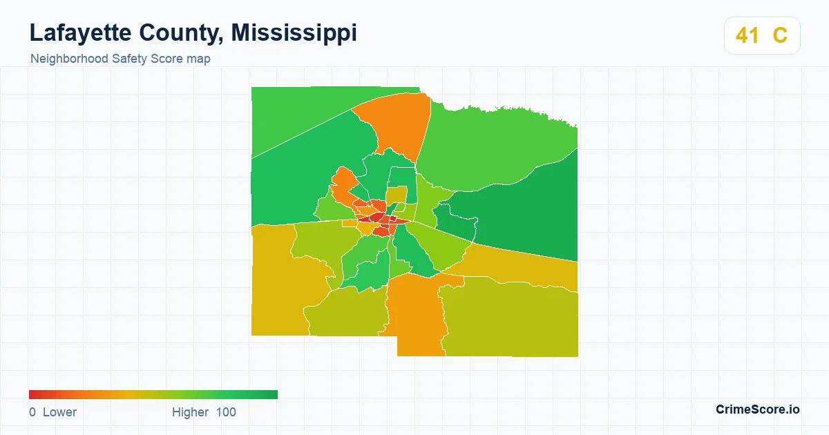 Lafayette County, Mississippi neighborhood Safety Score map by Census block group