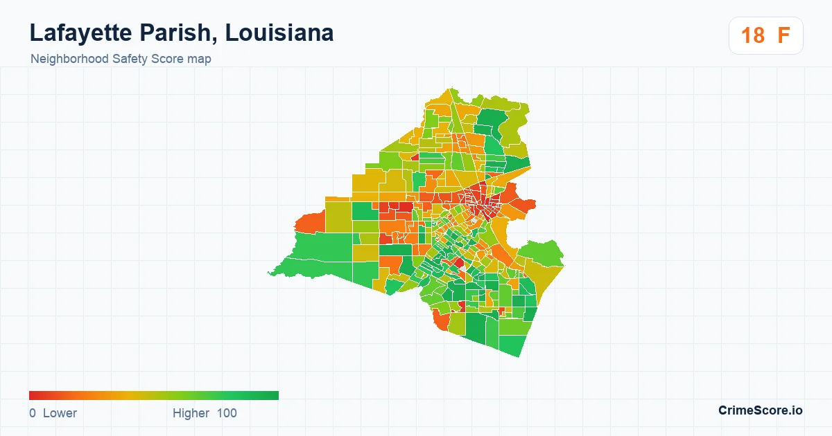 Lafayette Parish, Louisiana neighborhood Safety Score map by Census block group