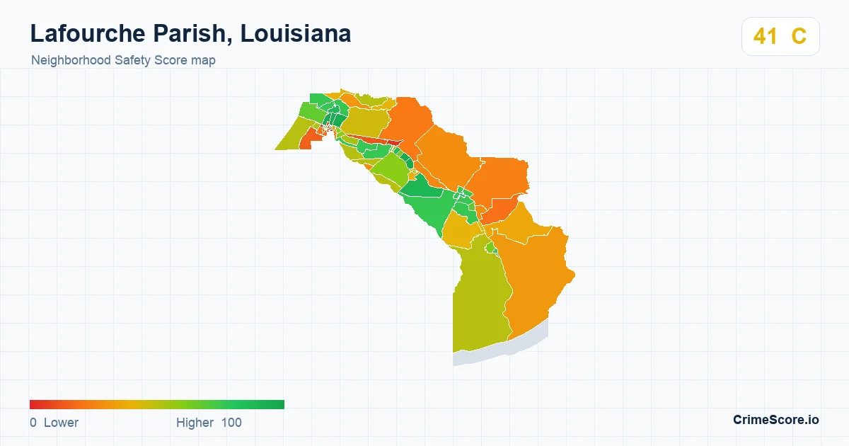 Lafourche Parish, Louisiana neighborhood Safety Score map by Census block group