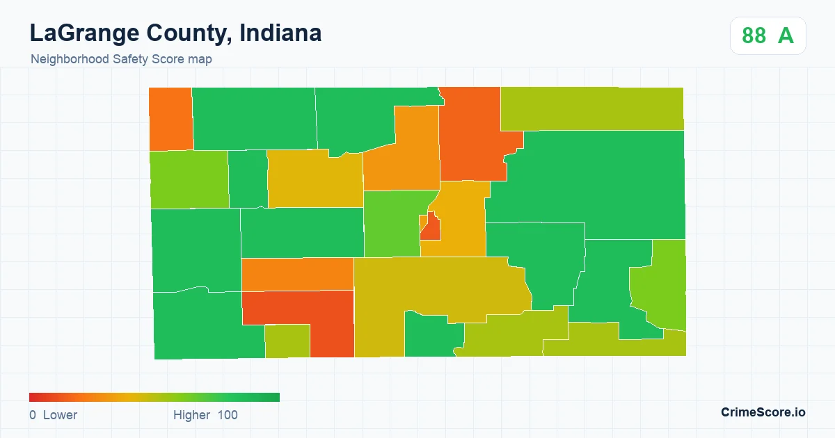 LaGrange County, Indiana neighborhood Safety Score map by Census block group