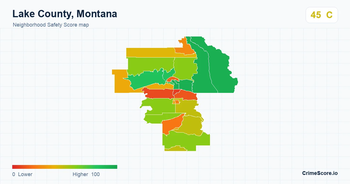 Lake County, Montana neighborhood Safety Score map by Census block group