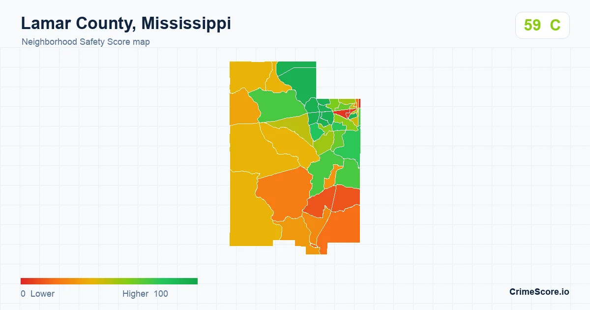 Lamar County, Mississippi neighborhood Safety Score map by Census block group