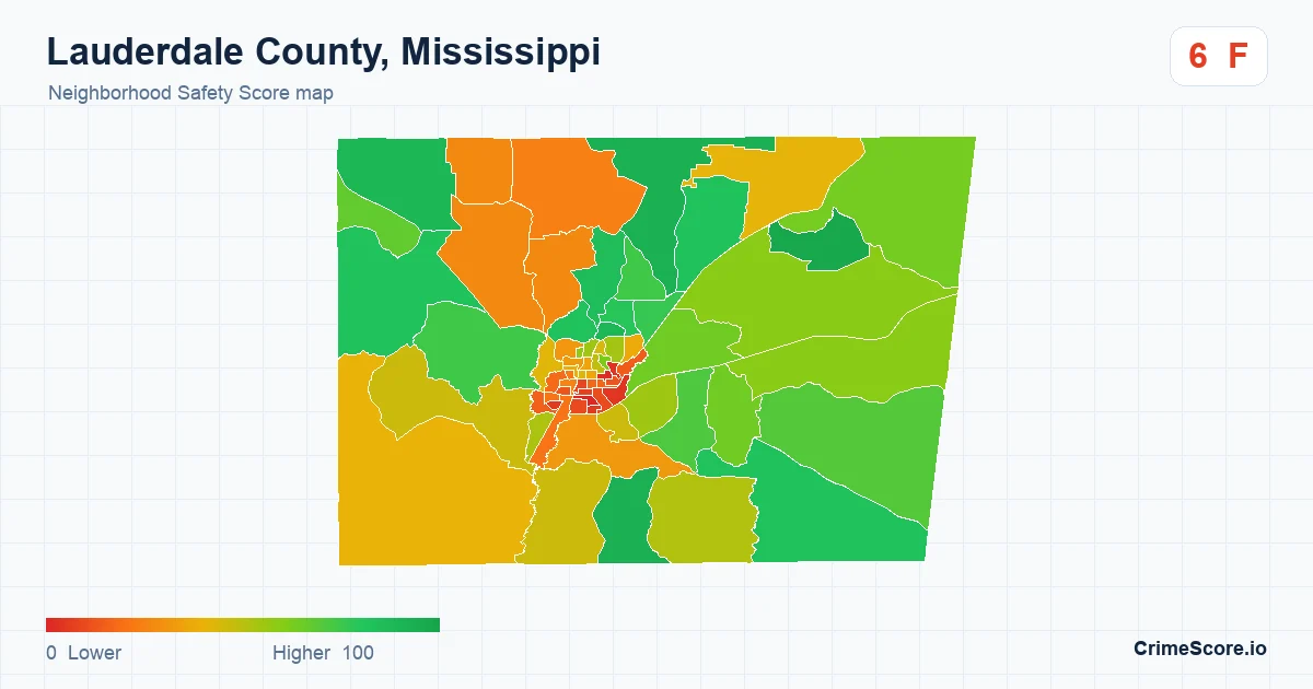 Lauderdale County, Mississippi neighborhood Safety Score map by Census block group