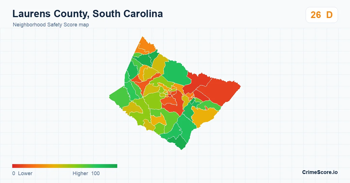 Laurens County, South Carolina neighborhood Safety Score map by Census block group