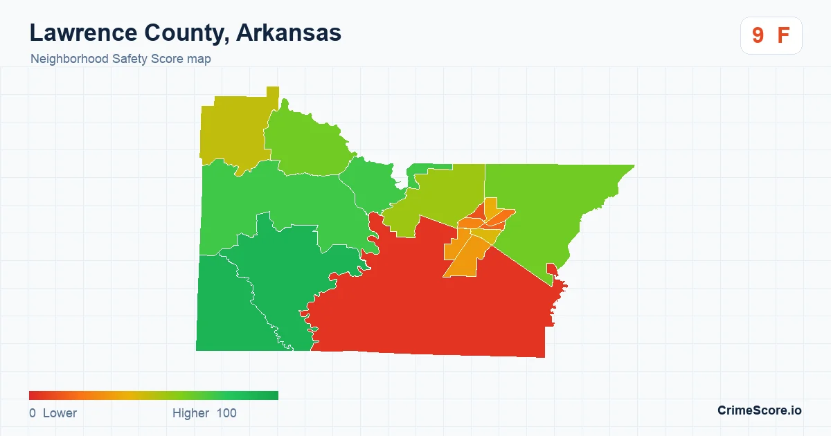 Lawrence County, Arkansas neighborhood Safety Score map by Census block group