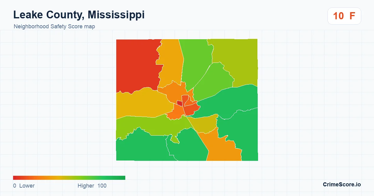 Leake County, Mississippi neighborhood Safety Score map by Census block group
