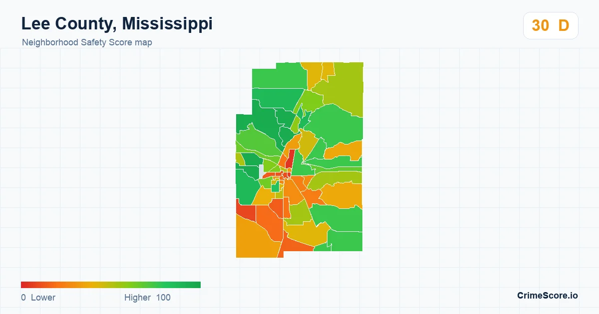 Lee County, Mississippi neighborhood Safety Score map by Census block group