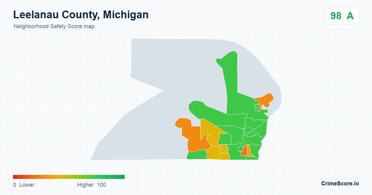 Leelanau County, Michigan neighborhood Safety Score map by Census block group