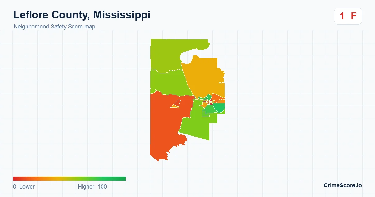 Leflore County, Mississippi neighborhood Safety Score map by Census block group