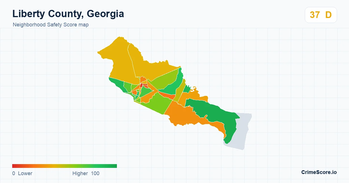 Liberty County, Georgia neighborhood Safety Score map by Census block group
