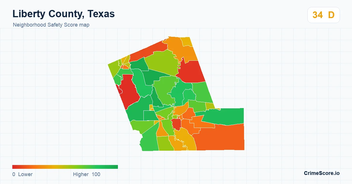 Liberty County, Texas neighborhood Safety Score map by Census block group