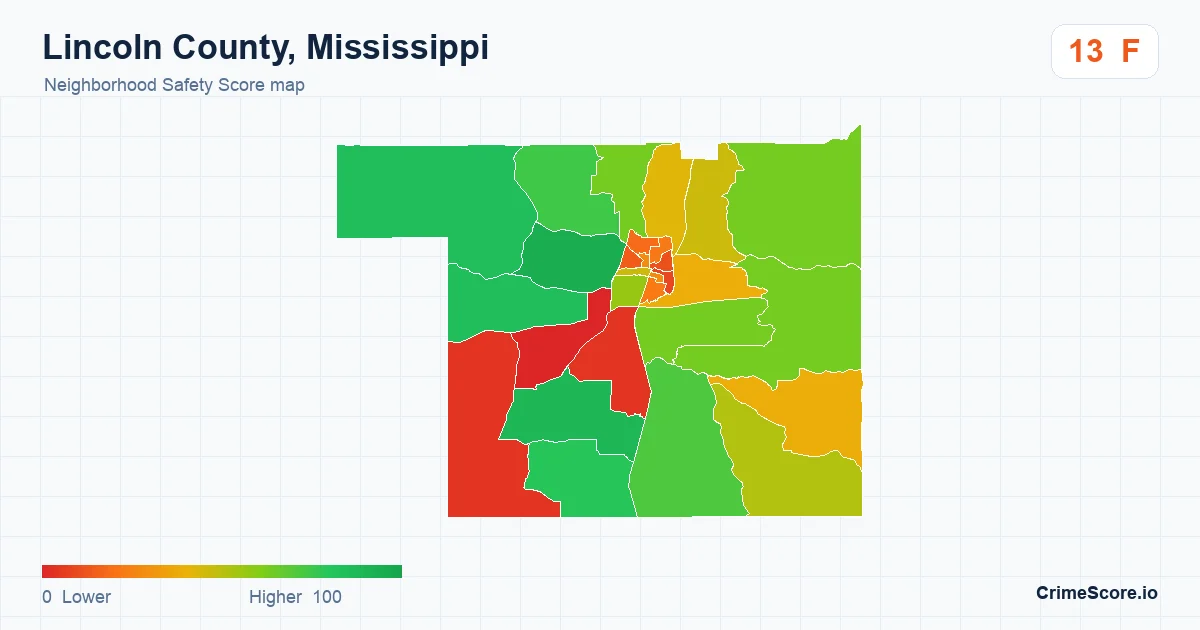 Lincoln County, Mississippi neighborhood Safety Score map by Census block group