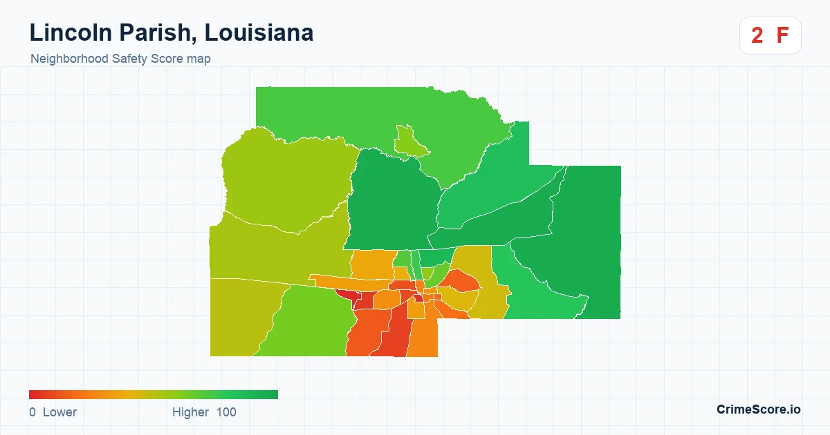 Lincoln Parish, Louisiana neighborhood Safety Score map by Census block group