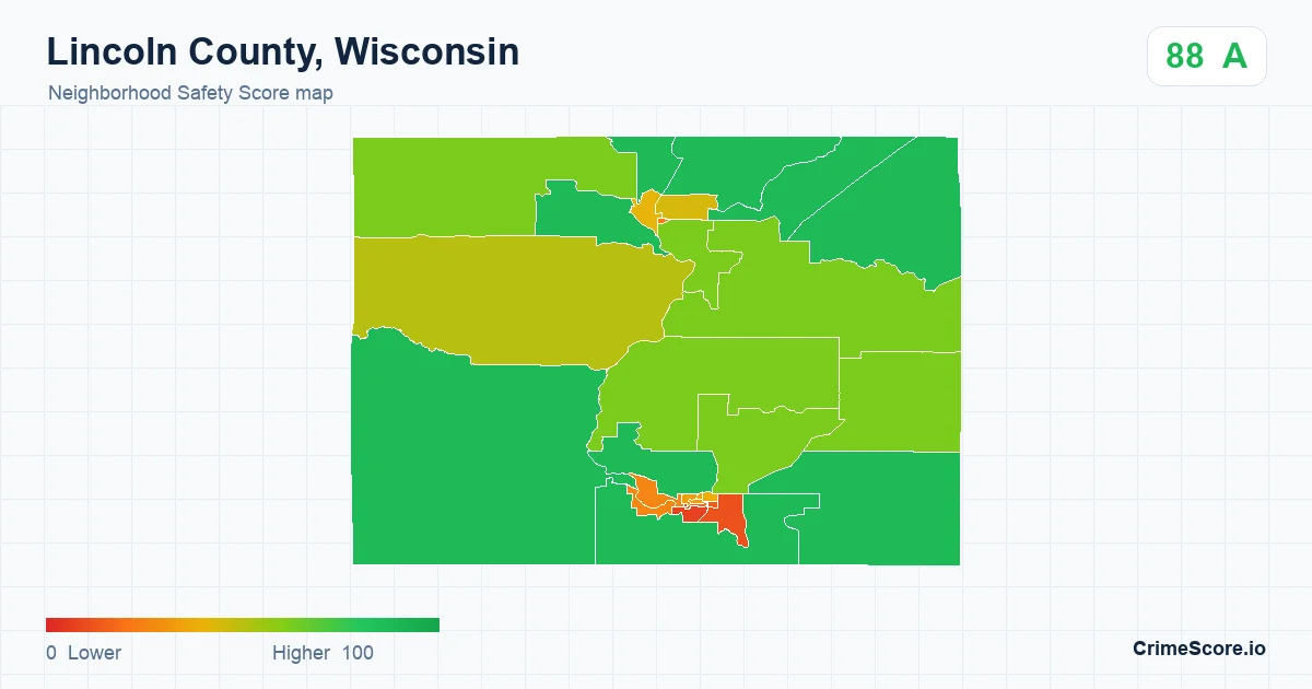 Lincoln County, Wisconsin neighborhood Safety Score map by Census block group
