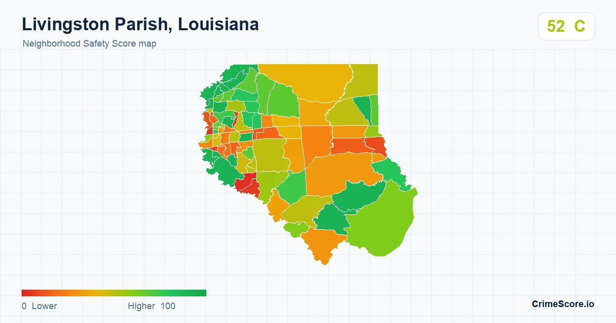 Livingston Parish, Louisiana neighborhood Safety Score map by Census block group