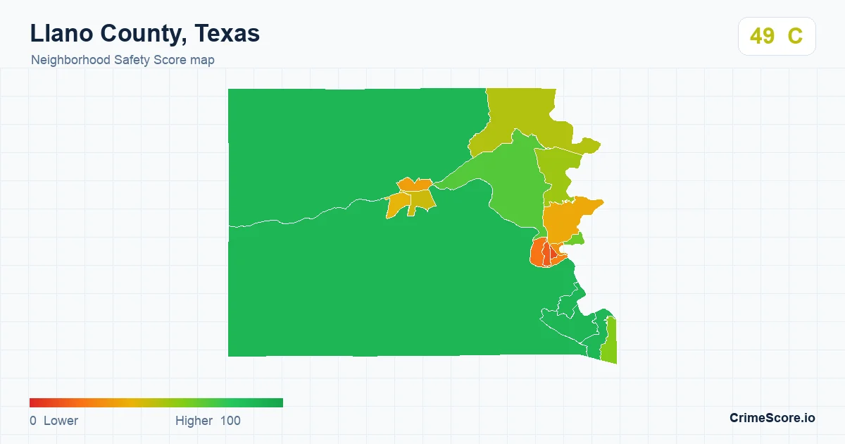 Llano County, Texas neighborhood Safety Score map by Census block group
