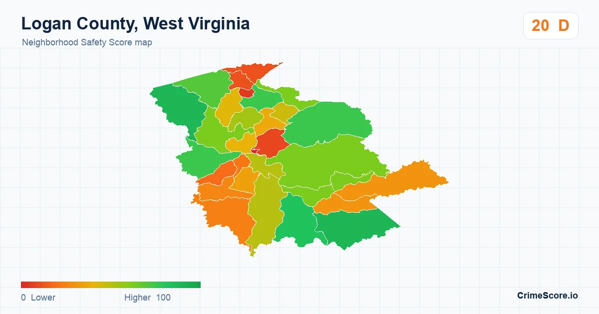 Logan County, West Virginia neighborhood Safety Score map by Census block group