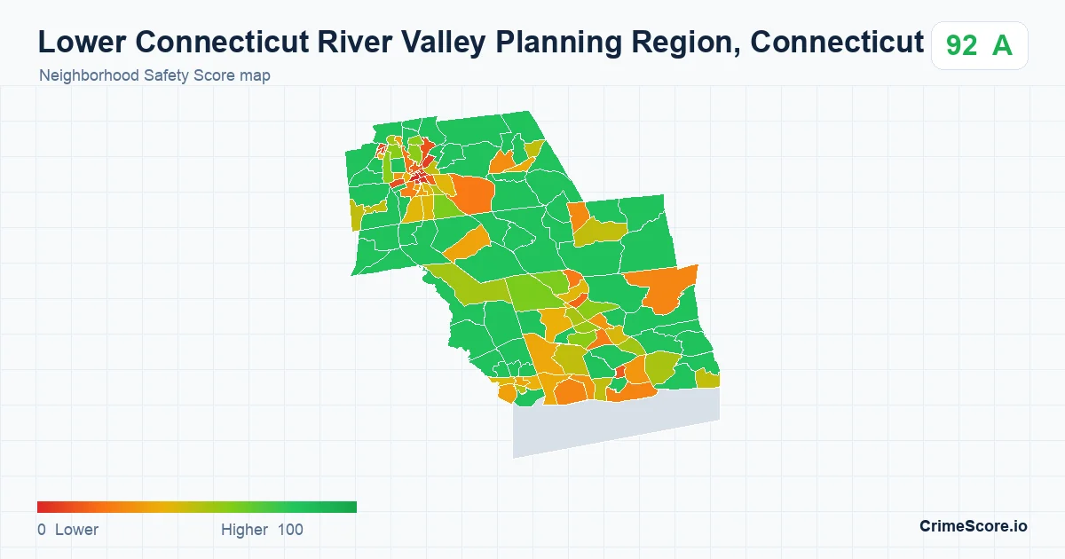 Lower Connecticut River Valley Planning Region, Connecticut neighborhood Safety Score map by Census block group