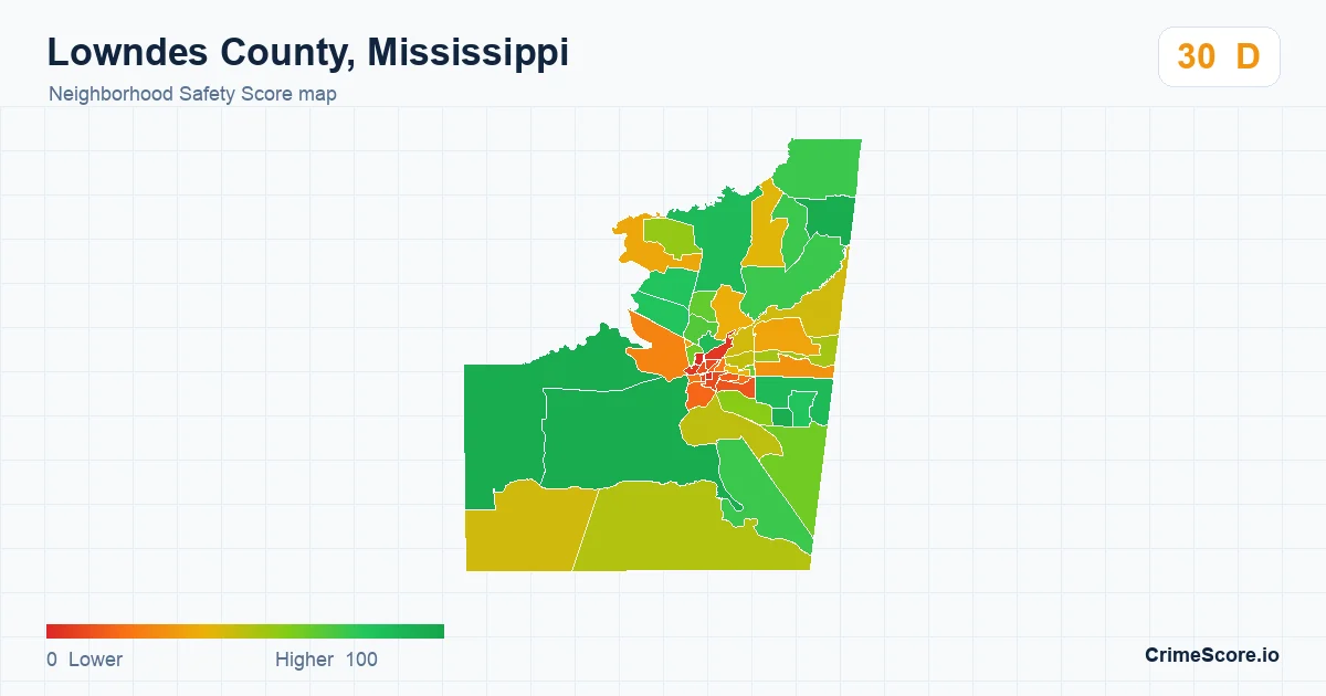 Lowndes County, Mississippi neighborhood Safety Score map by Census block group
