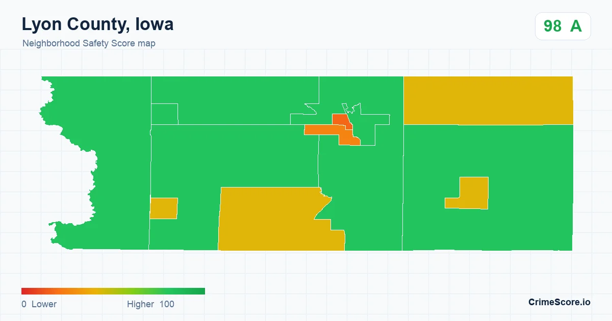 Lyon County, Iowa neighborhood Safety Score map by Census block group