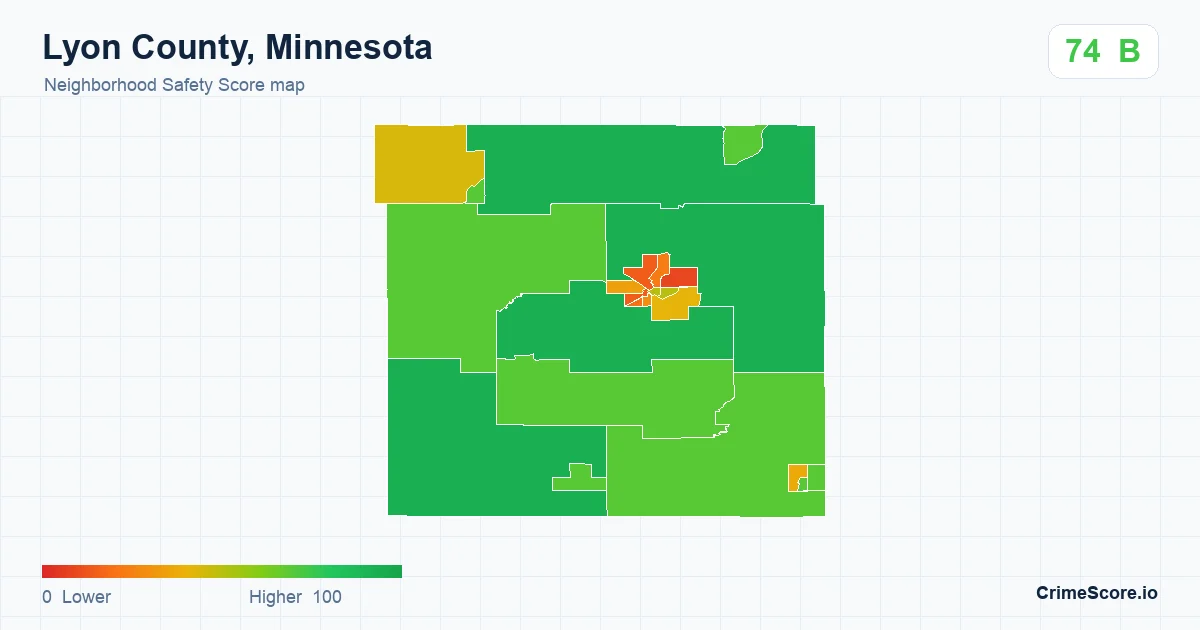 Lyon County, Minnesota neighborhood Safety Score map by Census block group