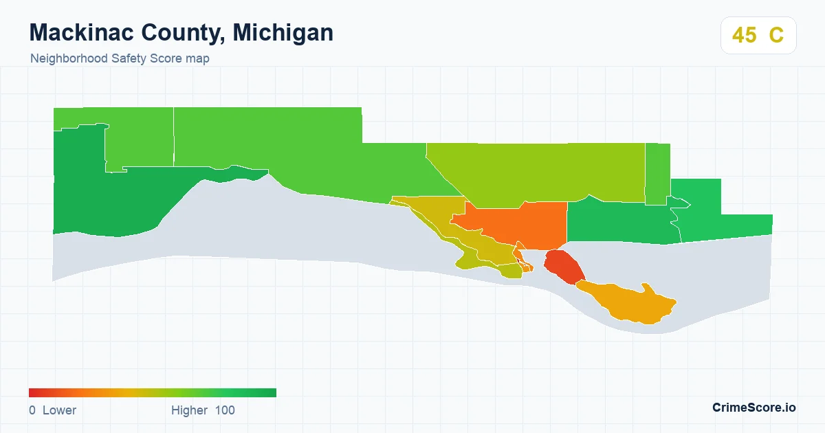 Mackinac County, Michigan neighborhood Safety Score map by Census block group