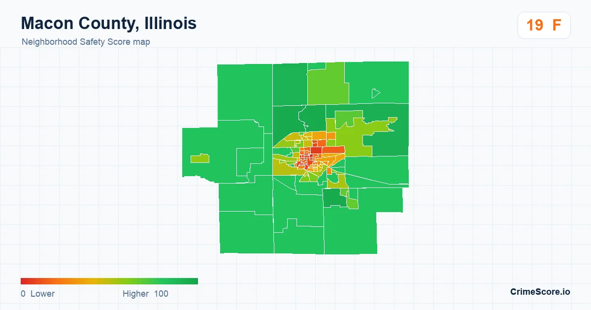 Macon County, Illinois neighborhood Safety Score map by Census block group