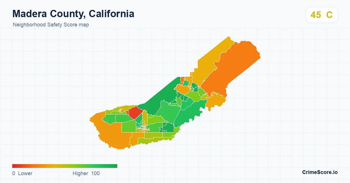 Madera County, California neighborhood Safety Score map by Census block group