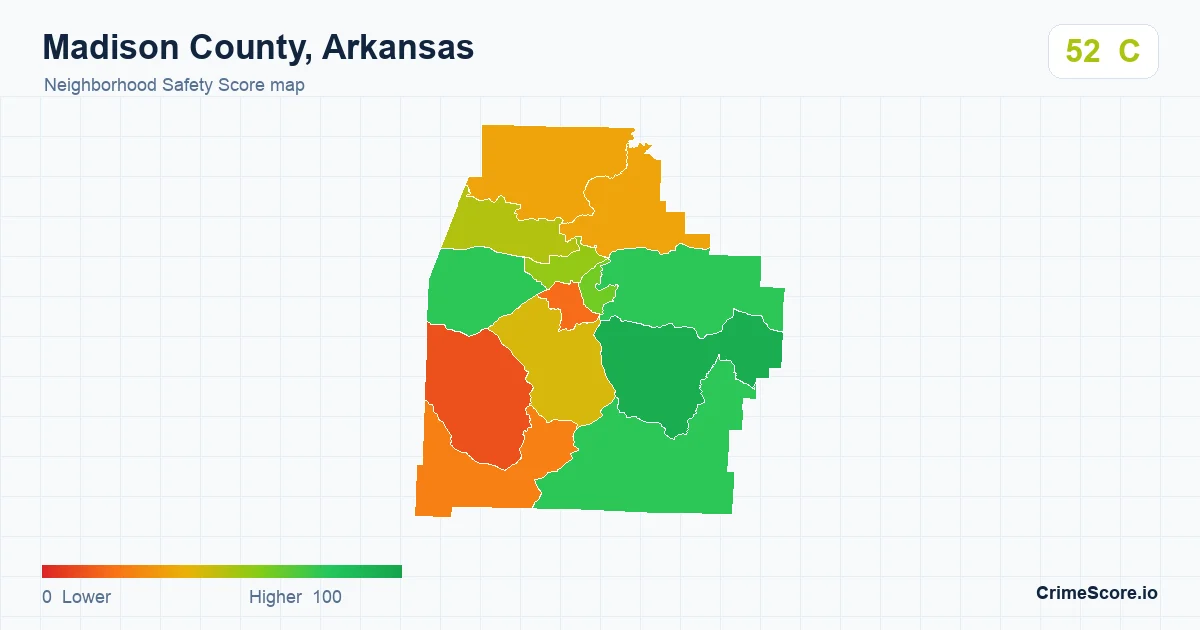 Madison County, Arkansas neighborhood Safety Score map by Census block group