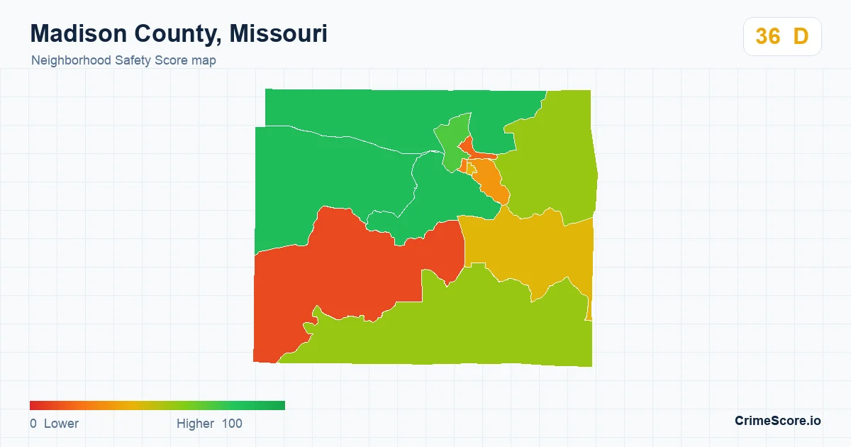Madison County, Missouri neighborhood Safety Score map by Census block group