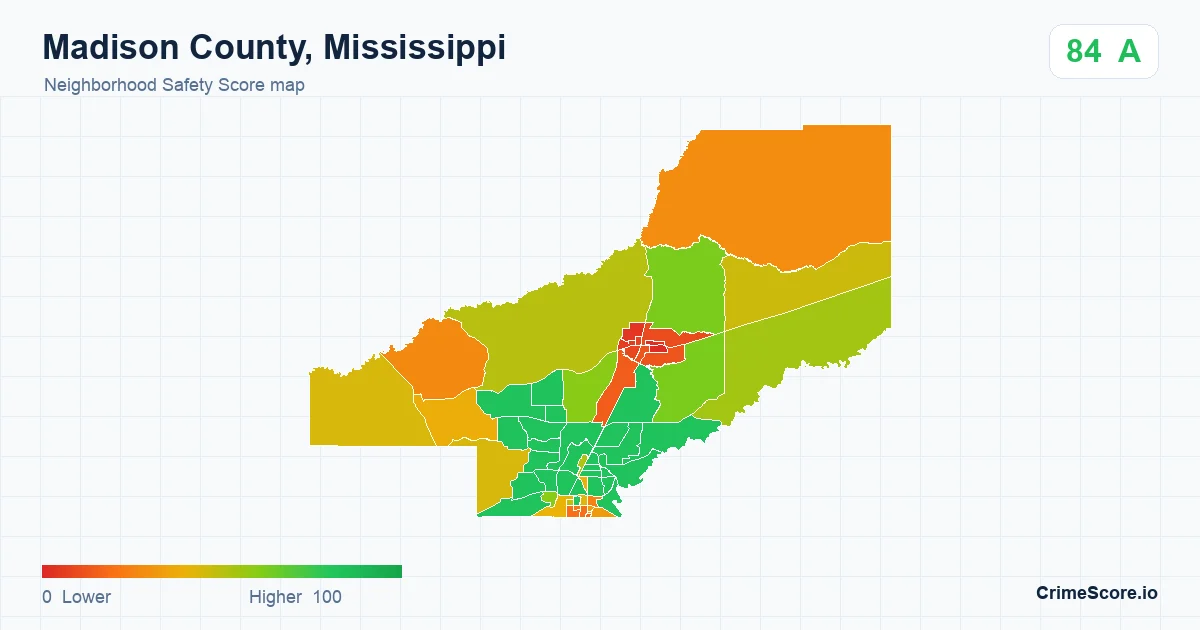 Madison County, Mississippi neighborhood Safety Score map by Census block group