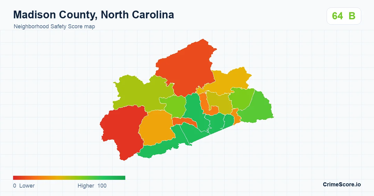 Madison County, North Carolina neighborhood Safety Score map by Census block group