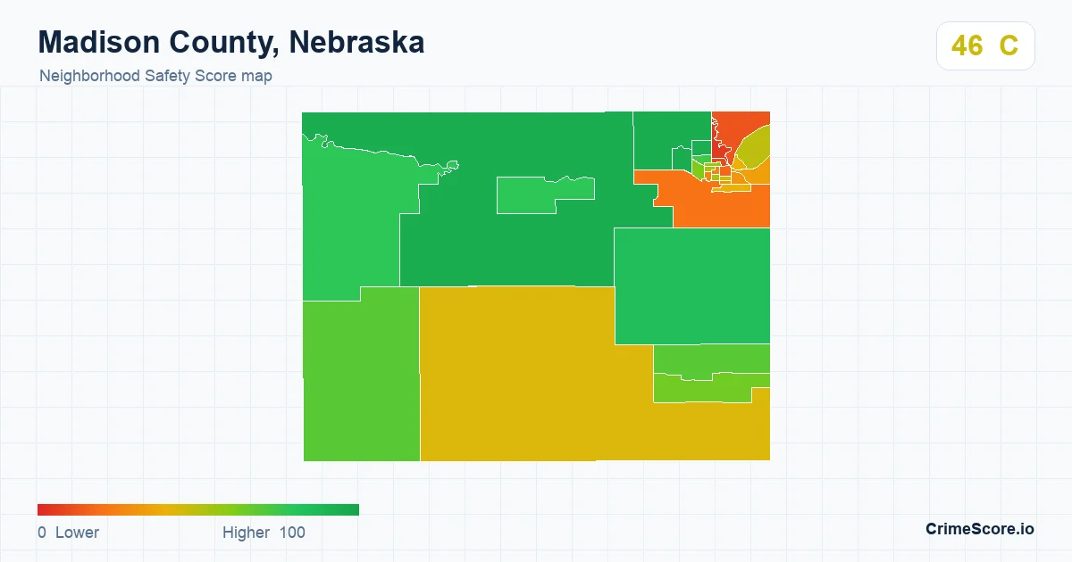 Madison County, Nebraska neighborhood Safety Score map by Census block group