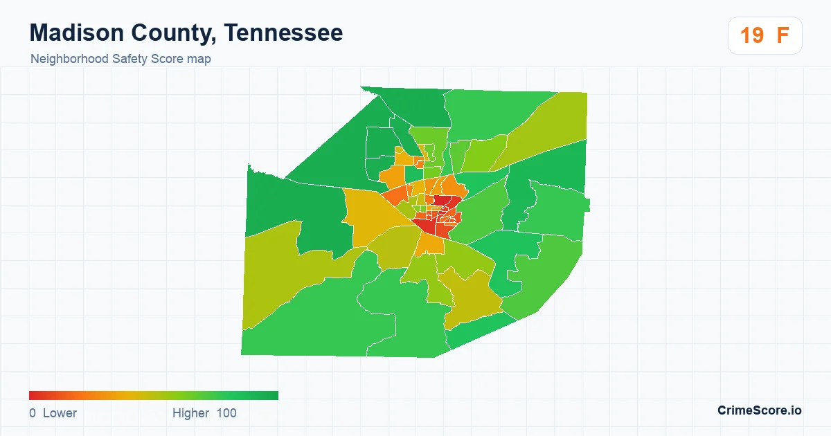 Madison County, Tennessee neighborhood Safety Score map by Census block group