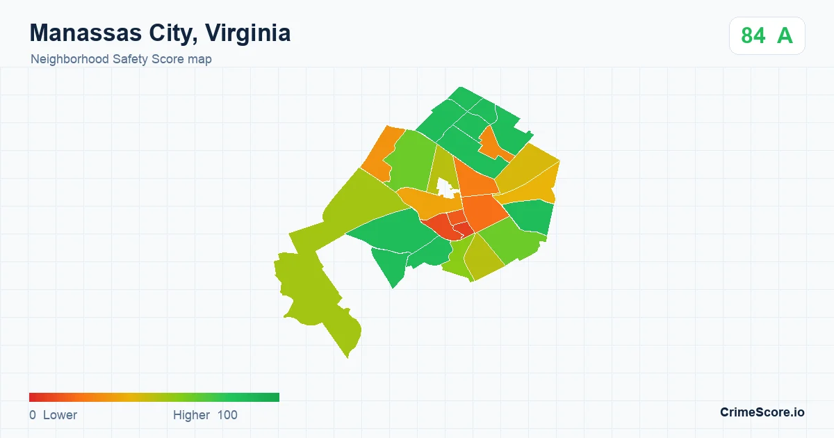 Manassas City, Virginia neighborhood Safety Score map by Census block group