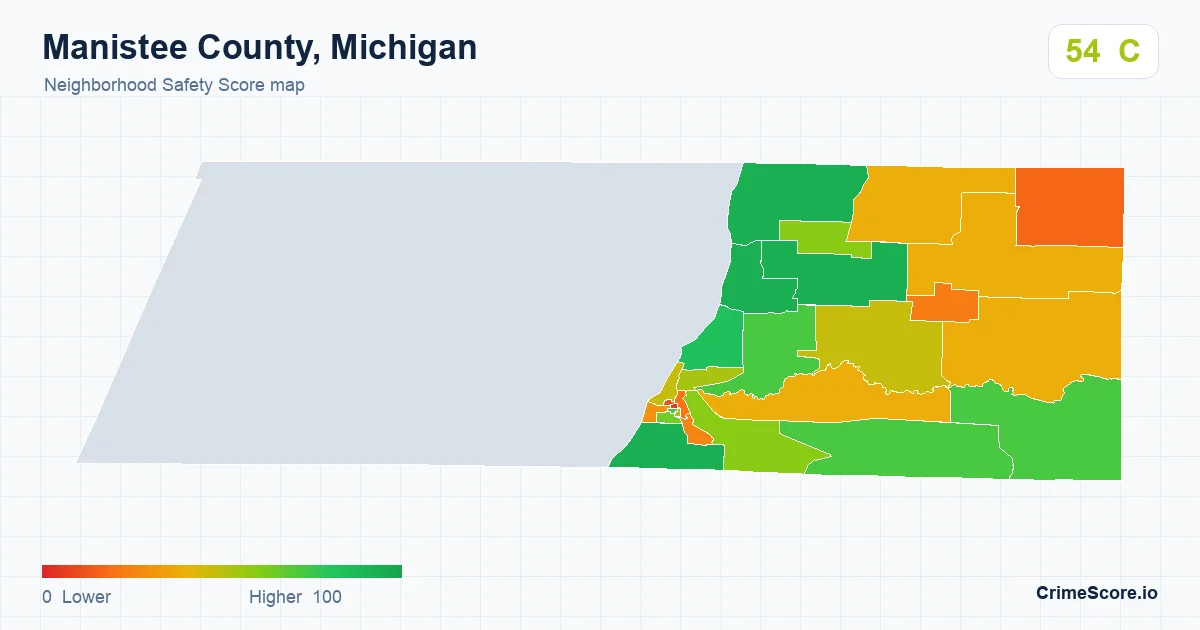 Manistee County, Michigan neighborhood Safety Score map by Census block group