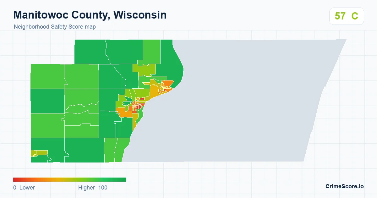 Manitowoc County, Wisconsin neighborhood Safety Score map by Census block group