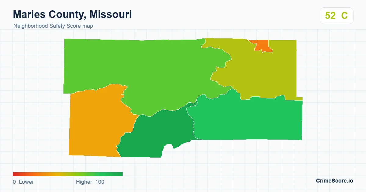 Maries County, Missouri neighborhood Safety Score map by Census block group
