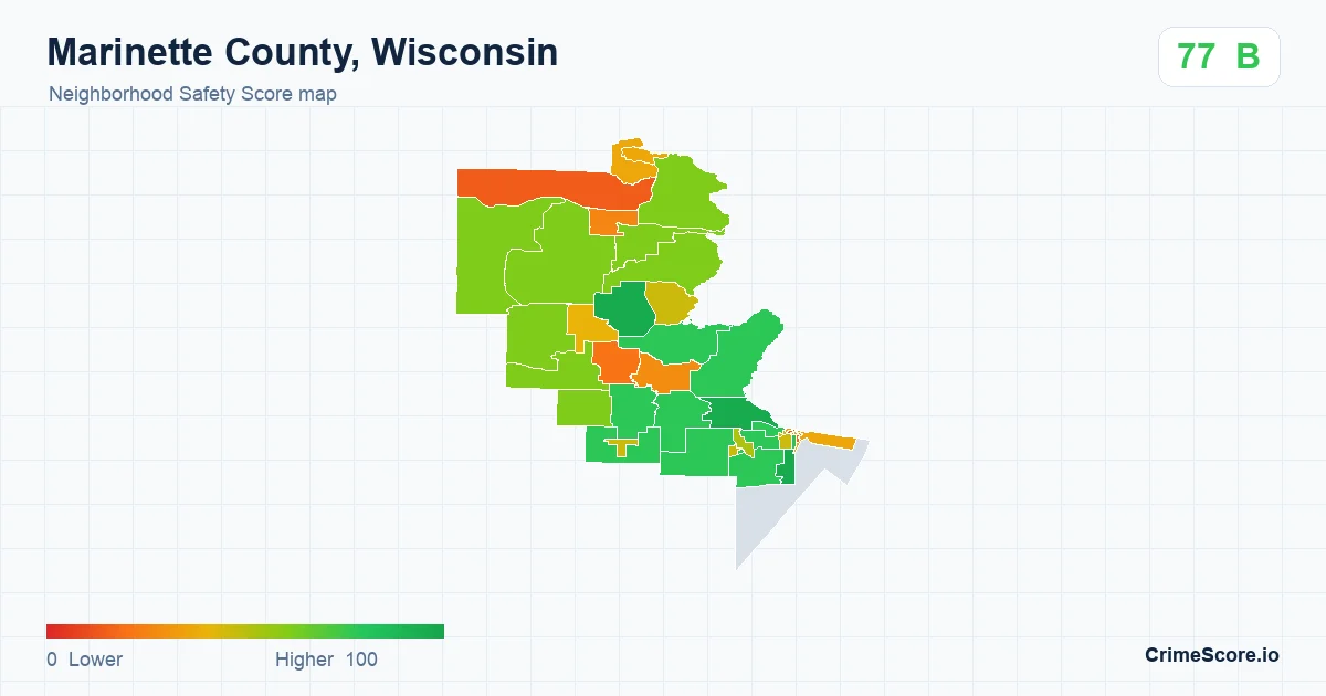 Marinette County, Wisconsin neighborhood Safety Score map by Census block group