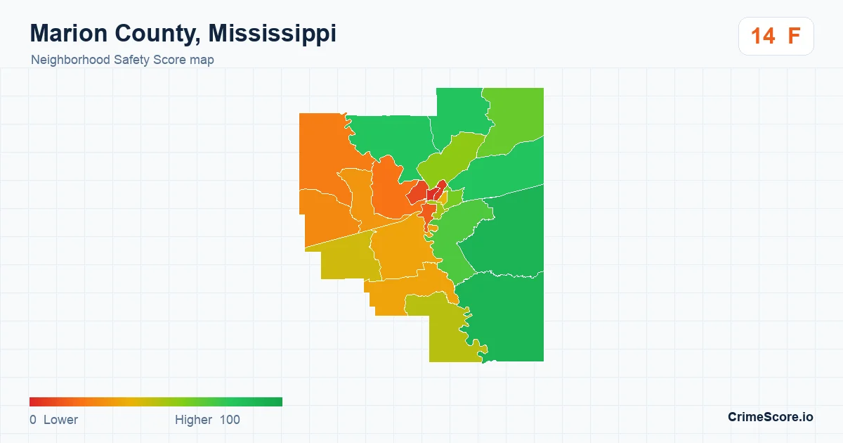 Marion County, Mississippi neighborhood Safety Score map by Census block group