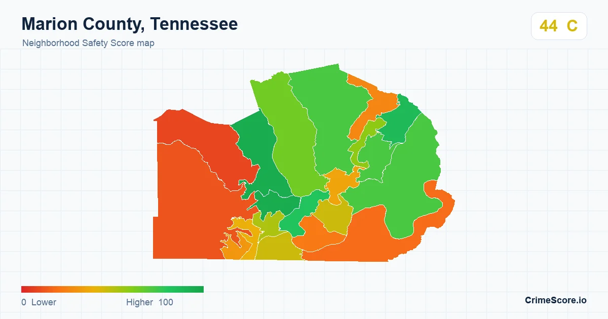 Marion County, Tennessee neighborhood Safety Score map by Census block group