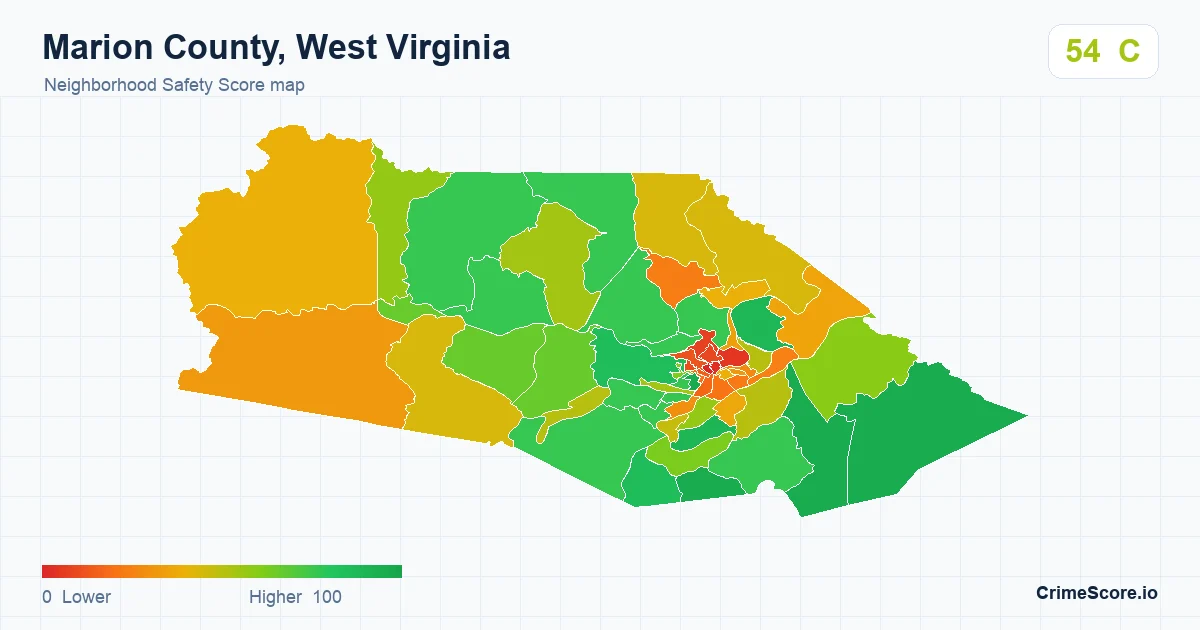 Marion County, West Virginia neighborhood Safety Score map by Census block group