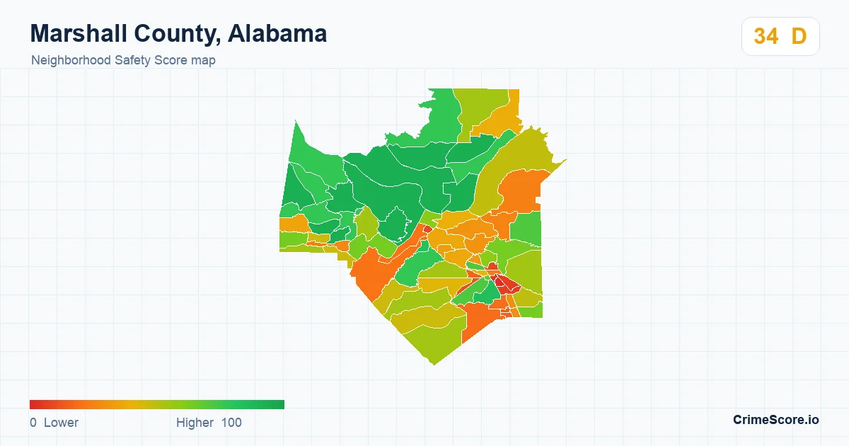 Marshall County, Alabama neighborhood Safety Score map by Census block group